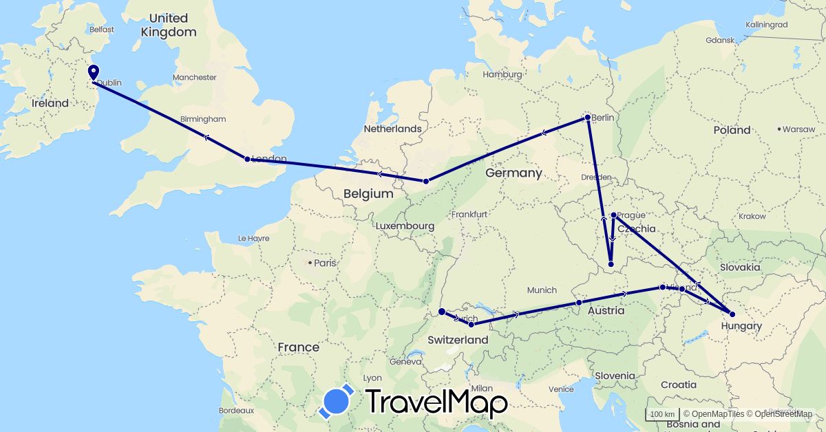 TravelMap itinerary: driving, motorbike in Austria, Switzerland, Czech Republic, Germany, United Kingdom, Hungary, Ireland, Slovakia (Europe)